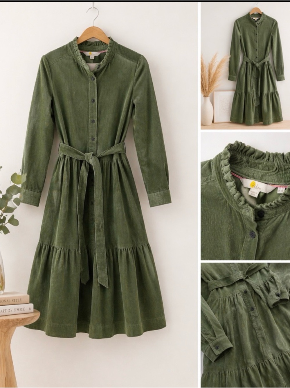 Boden Green Corduroy Dress Long Sleeve Belted Size 6R Elegant